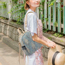 Straw Woven Small Backpacks Women Stripe Print Shoulder School Bags (Blue)