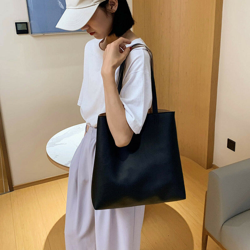 Fashion PU Handbag Women Totes Simple Large Capacity Shoulder Bag (Black)