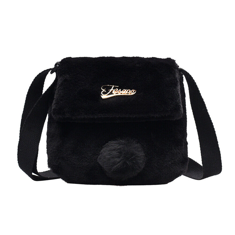 Plush Rabbit Tail Messenger Bag Women Solid Street Shoulder Satchel (Black)