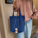 Canvas Women Shoulder Bag Large Capacity Cat Print Shopping Handbag (Blue)