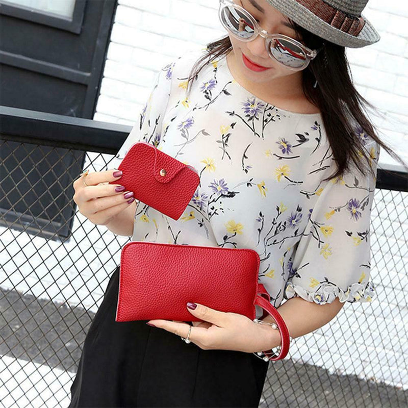 4pcs/set Litchi Leather Tassel Women Tote Shoulder Handbags Card Bags (Red)