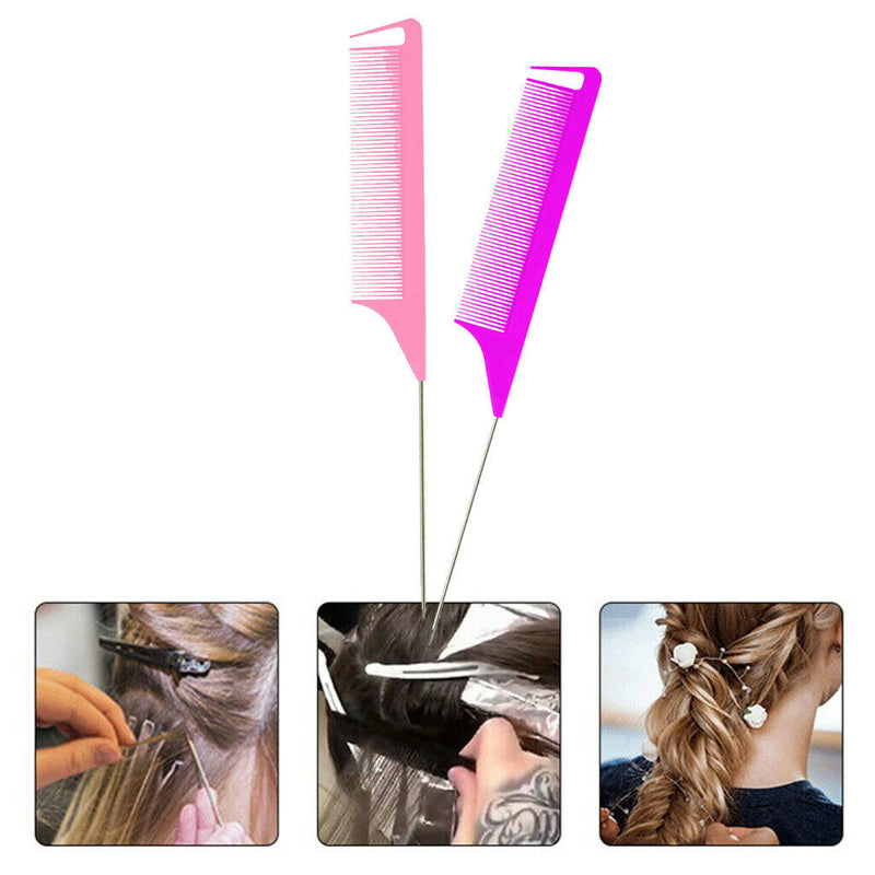 2pcs Hairdresser Barber Metal Pin Tail Rat Tail Comb For Hair Styling