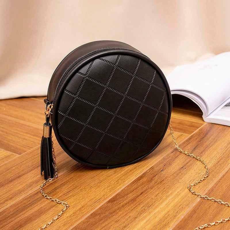 Pure Color Plaid Shoulder Handbags Women Round Tassel Crossbody Bag (Black)