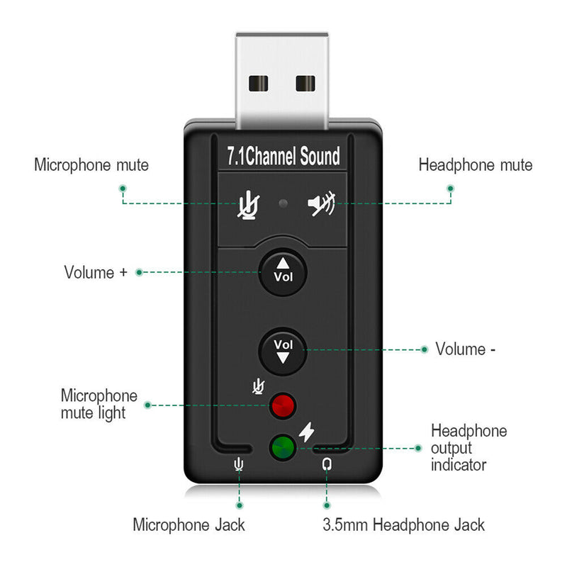 7.1 External PC USB Sound Card 3.5mm AUX Headphone Microphone Audio Adapter