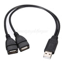USB 2.0 A Male To 2 USB Female Jack Splitter Adapter Cable Power Cords Black