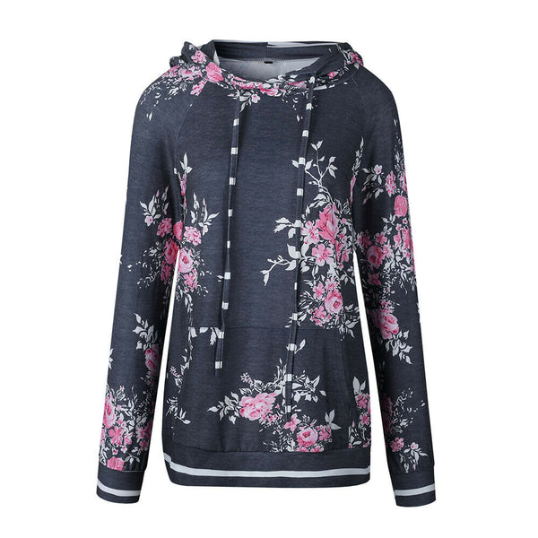 Womens Dark Gray Pullover Long Sleeve Floral Hoodies Coat Sweatshirt W/ Pocket
