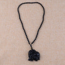 Natural Black Obsidian Handmade Carved Elephant Pendant & Beads Necklace New