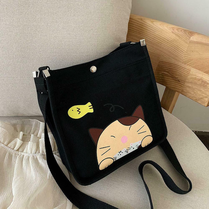 2pcs/set Women Canvas Cat Print Shoulder Crossbody Handbags Pen Bag (Black)