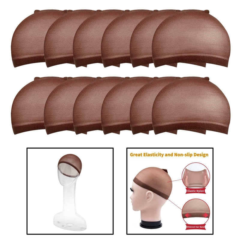 12 Packs Wig Cap Hair Breathable Stocking Nylon Stretch Liner Men Women Coffee