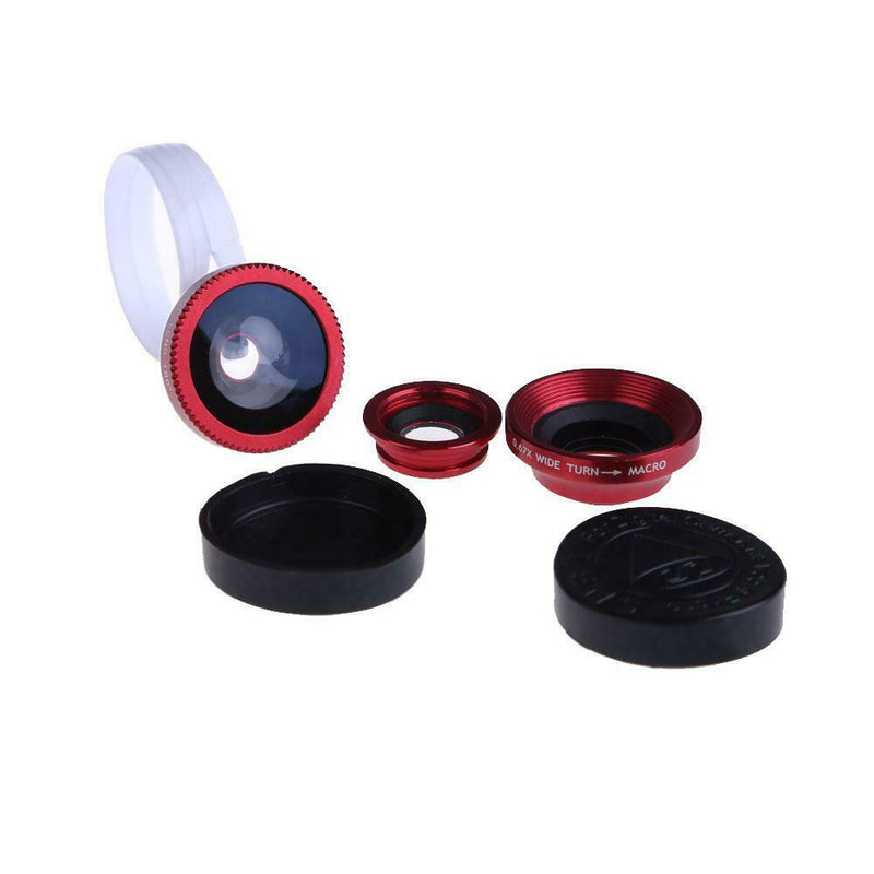 New Red Universal Clip 3In1 0.67X Fisheye Macro Wide Angle Lens for phones