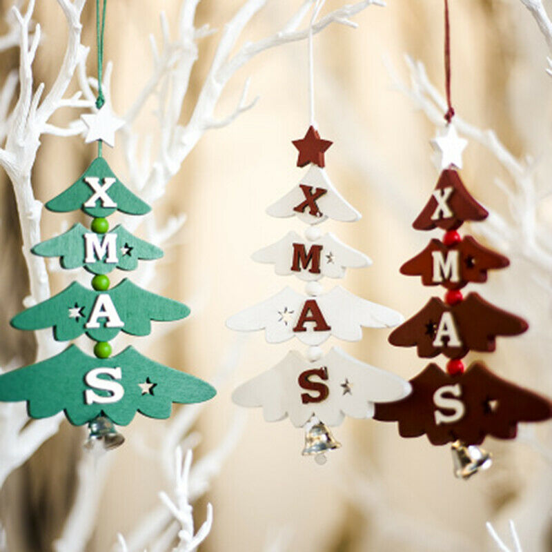 1 Set 3Pcs Christmas Tree Decorations Wooden Letter Bell Ornaments Christma