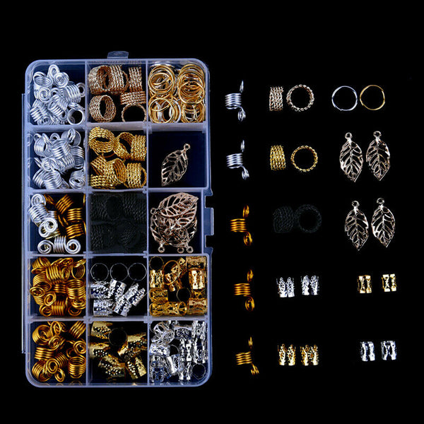 180Pcs/Box Braid Hair Beads Dreadlocks Cuff Clip Beads Rings For Hair ExtensioES