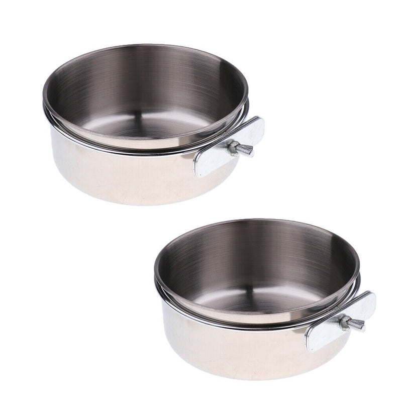 2 Pcs Stainless Steel Cage Coop Hook Cup Bird Dog Animal Food Water Bowl