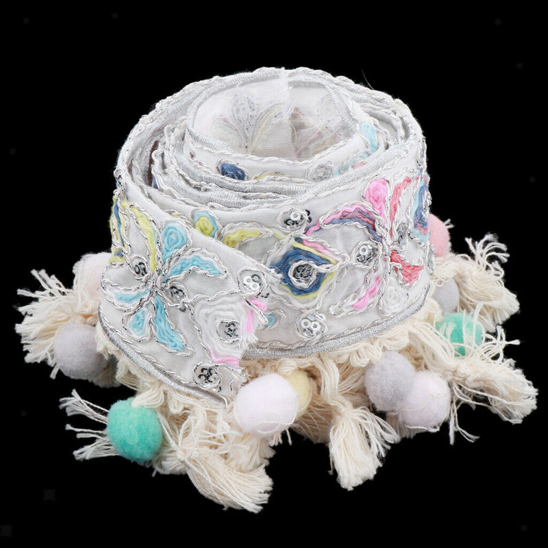 1 Yard Sequins Jacquard Ribbon Trim with Pom Poms Tassel Crafts Supplies