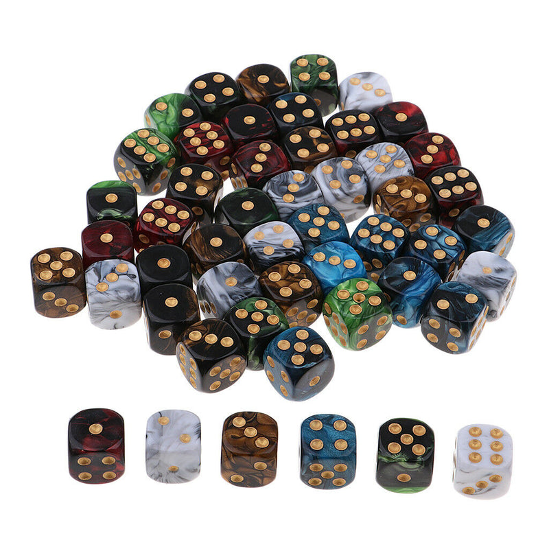 50pcs Coloured Dice, (six sided), 16mm , D6 ,with Carry Bag