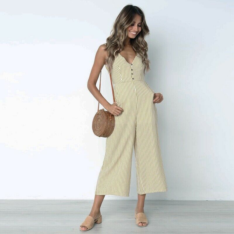 Fashion Women Striped Jumpsuit Backless Sleeveless Deep V Neck Button Jumps M2X6