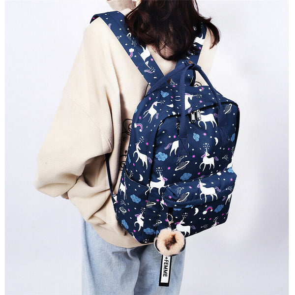 Cute Pony Print Backpack Women Casual Rucksack Girl Schoolbag (Dark Blue)