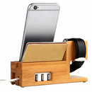 Bamboo Charging Charger Station Dock Stand Holder With 3 Usb Hub Port Cable