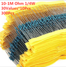 300Pcs 30Values 10-1M Ohm 1/4W  1% ResistanceMetal Film Resistor Assortment Kit