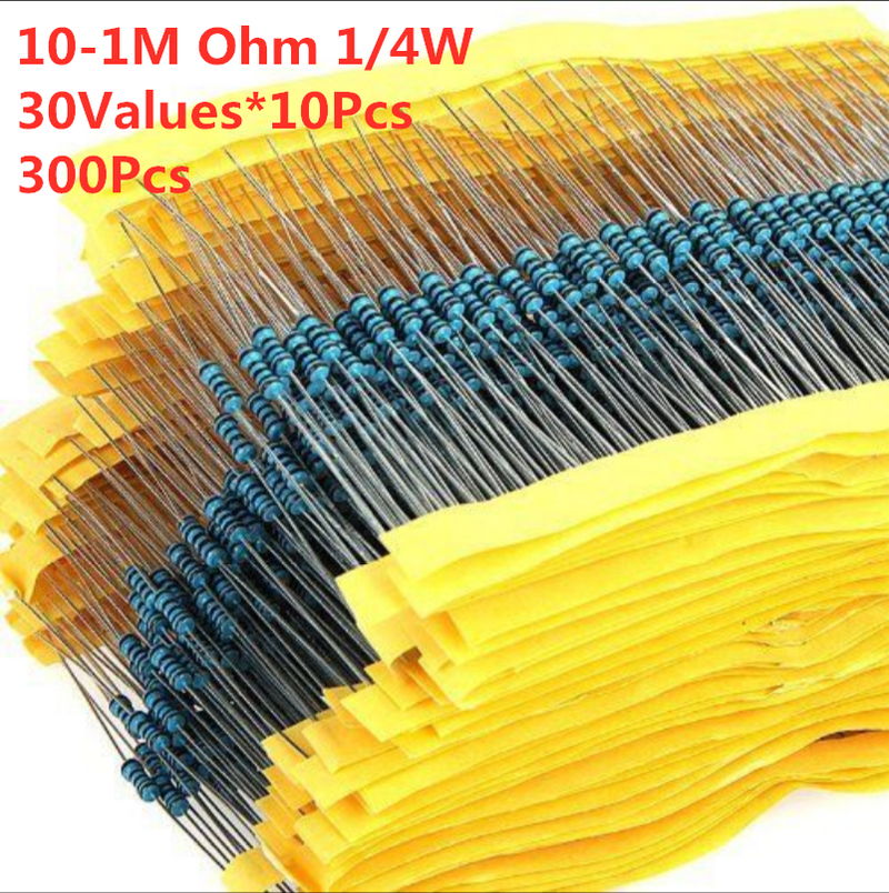 300Pcs 30Values 10-1M Ohm 1/4W  1% ResistanceMetal Film Resistor Assortment Kit