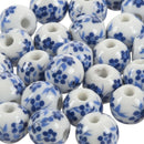 30x Flower Pattern Round Ceramic Beads 12mm(4/8inch) Dia. White+Blue