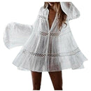 Womens Flare Sleeve Button Down Hollow Out Beach Dress Bathing Suit Cover Up