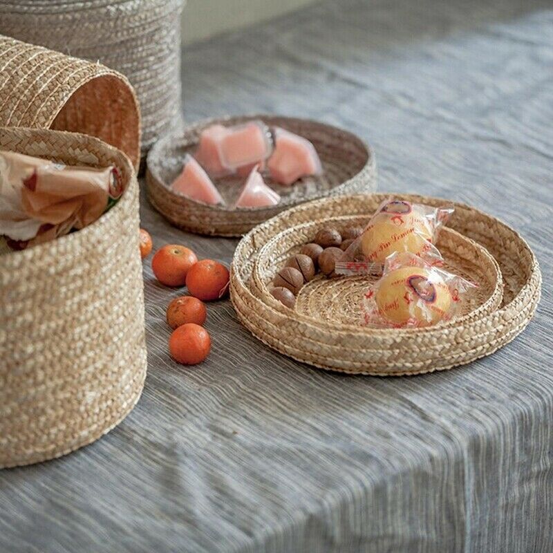 3 Pcs/Set Handmade Straw Woven Storage Basket With Lid Snack Organizer Stor B9S3