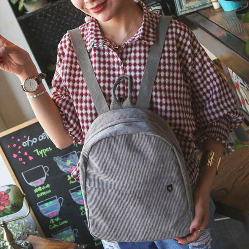 Preppy Chic Casual Women Corduroy Backpack Simple School Travel Bag(Gray)