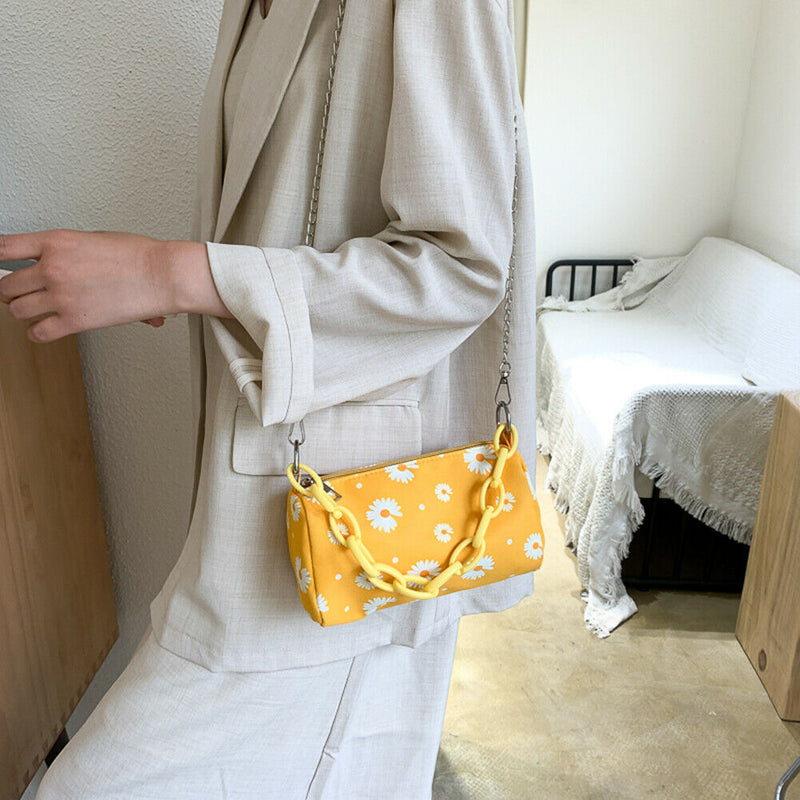 Daisy Flower Handbag Beach Women Canvas Chain Shoulder Bucket Bag (Yellow)