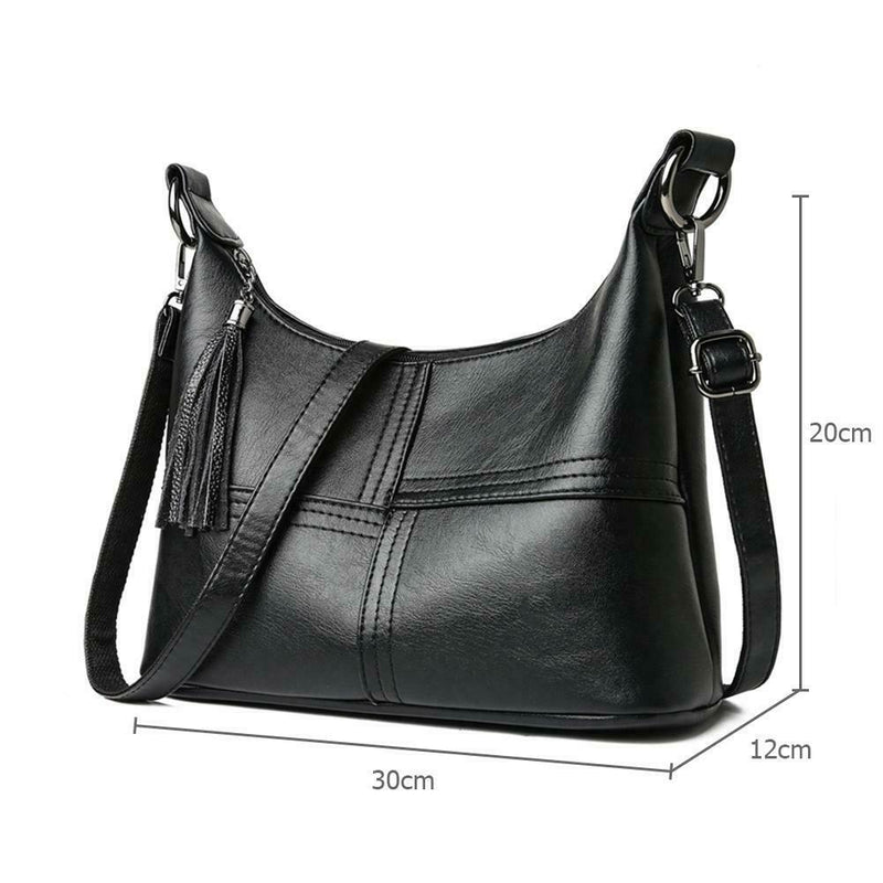 Women Messenger Soft Leather Shoulder Bags Tassel Crossbody Handbags (Black