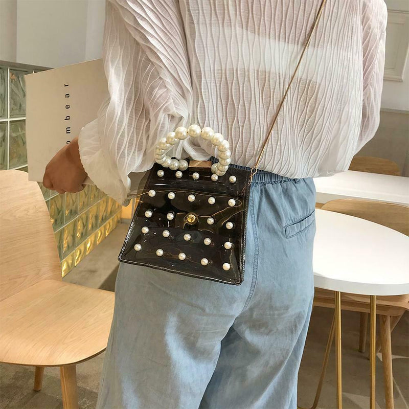 Pearls Clear Shoulder Handbags PVC Women Crossbody Top-handle Bags (Black) A