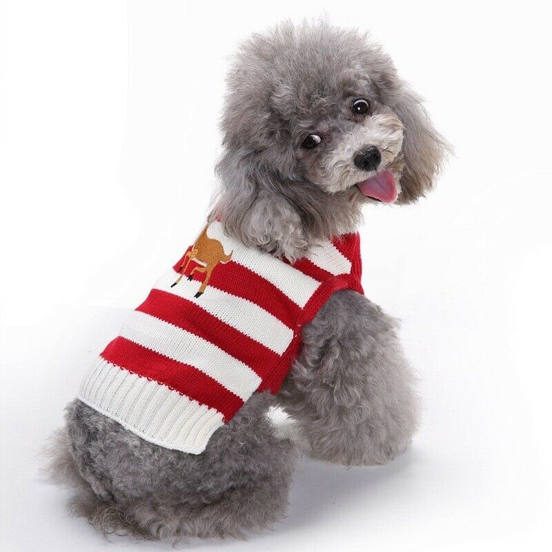 Stripe Christmas Reindeer Dog Sweater Knitted Jumpsuit Winter Clothes Red_M