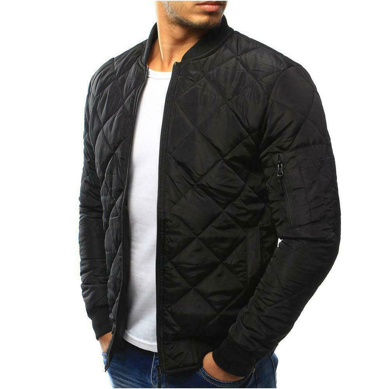 Men Long Sleeve Diamond Stand Collar Winter Padded Jacket (Black L) A