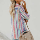 Women Fashion Lapel Long Sleeve Color Striped Print Button Down Shirt Ladie