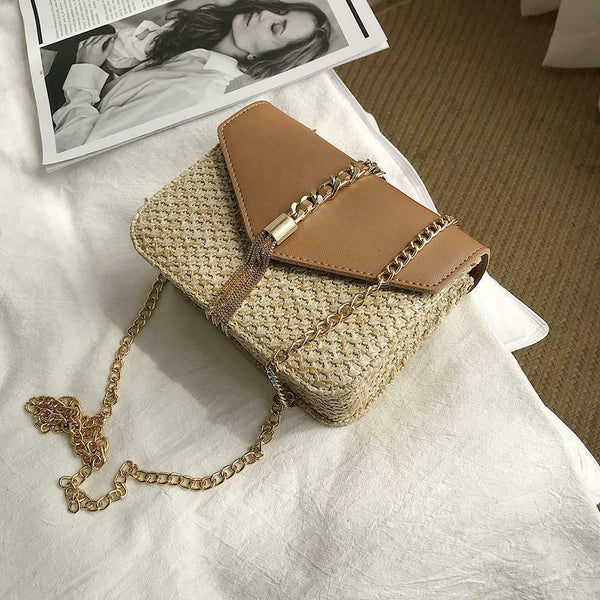 Straw Leather Women Messenger Bag Small Flap Shoulder Handbag (Light Brown)