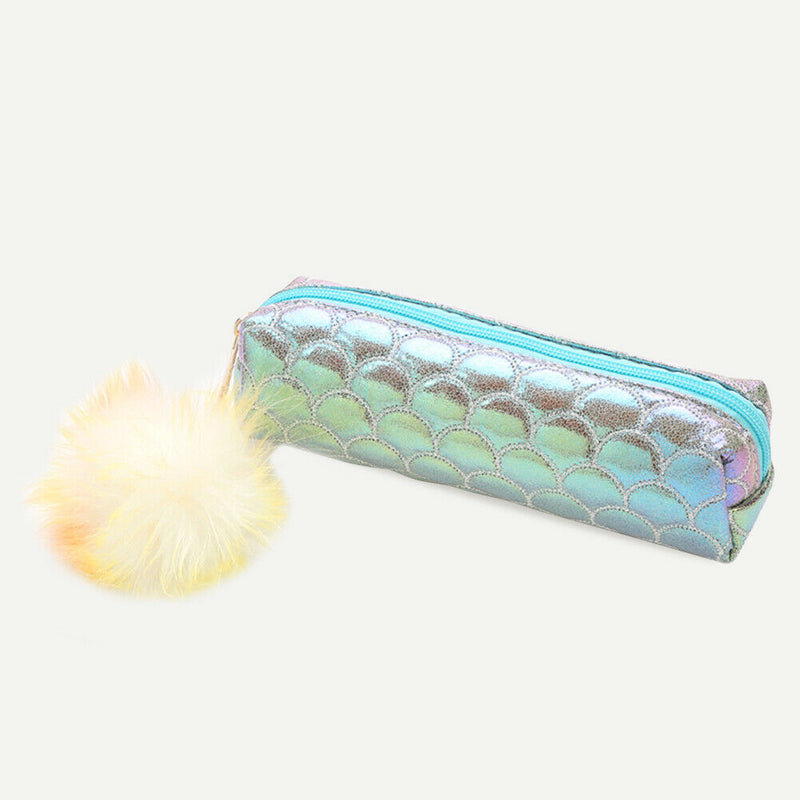 Fish Tail Sequin Pencil Case PU Pompom Pencil Bag School Stationery (Blue) A