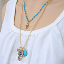 Personality 2 Layers Boho Chain Hamsa Fatima Hand Blue Eye Turquoise Necklace