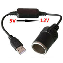 1pc Black USB Port 5V To 12V Car Female Socket Converter Adapter Cable Cord