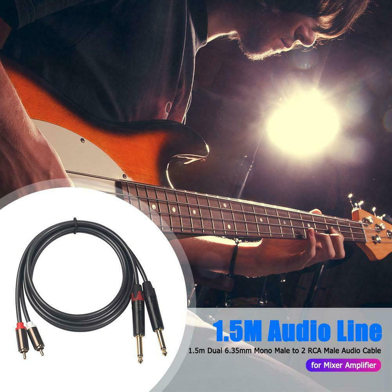 4.9ft Dual 6.35mm 1/4 TS Mono Male to Dual RCA Male Adapter Audio Cable A