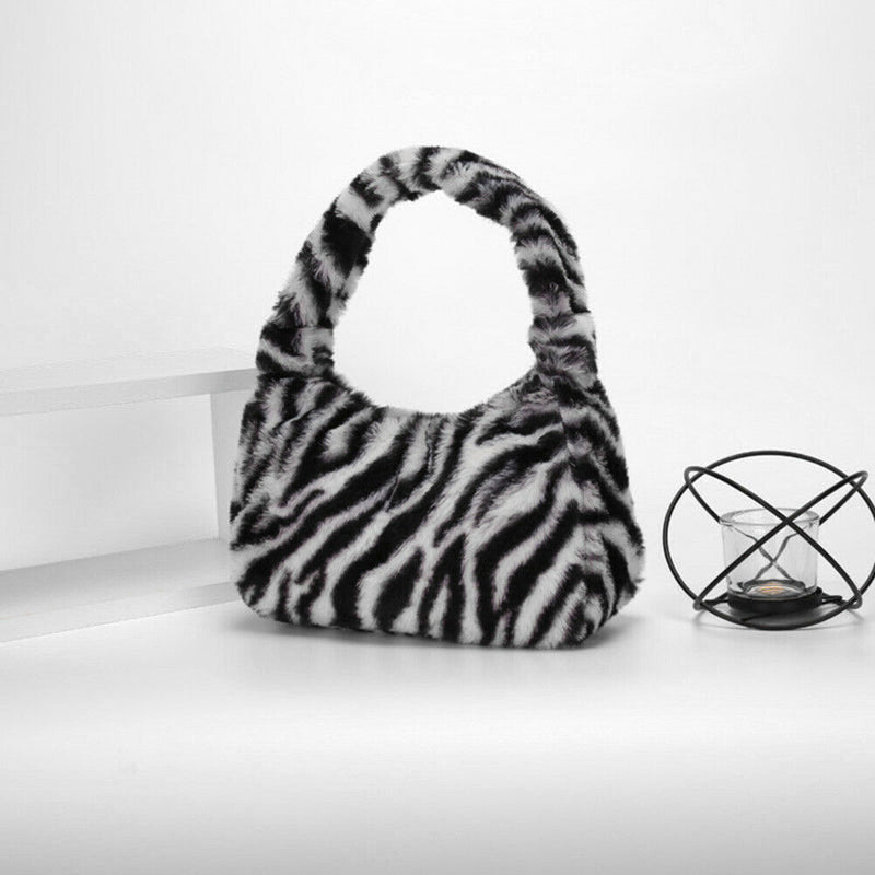Women Winter Fur Handbag Plush Soft Shoulder Underarm Bag (White Zebra)