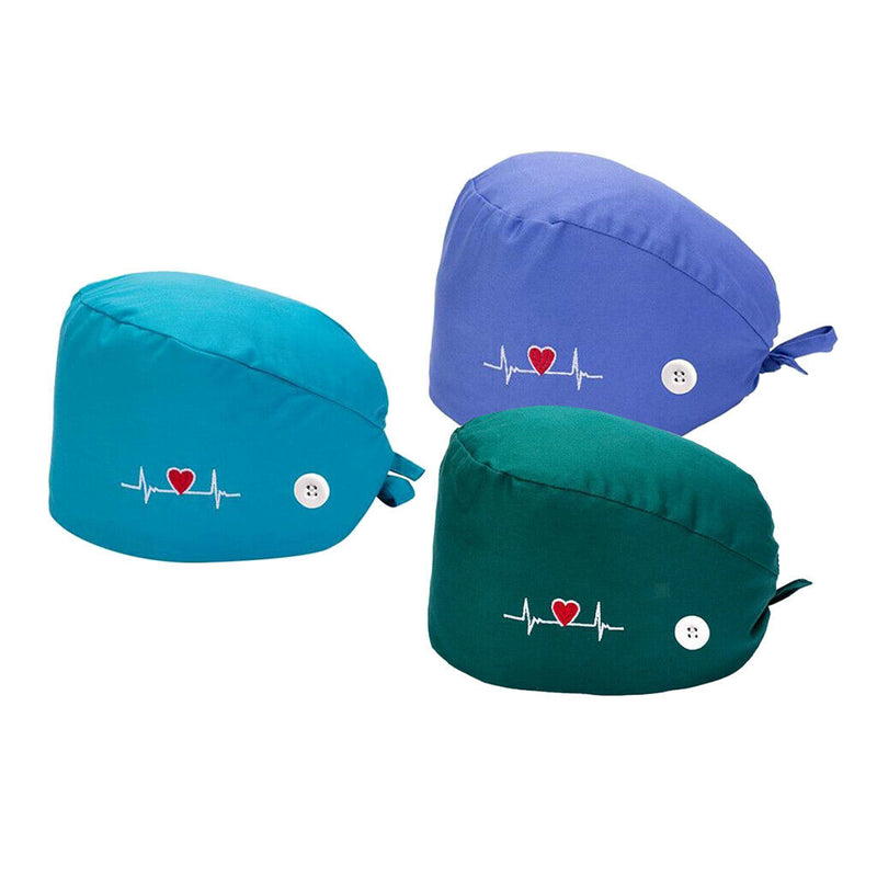 3PCS Women's Scrub Cap Working Hat with Buttons Turban Cotton Bouffant Hat