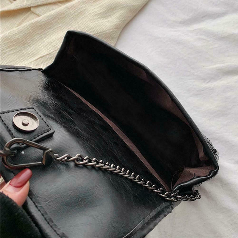 Retro Crossbody Handbag Women Leather Chain Shoulder Messenger Bag (Black) A