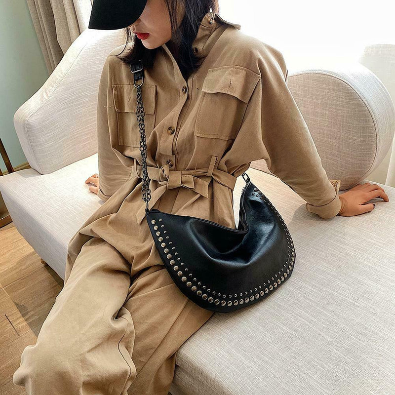 Women PU Leather Semicircle Shoulder Crossbody Sling Bag Rivet Messenger Handbag