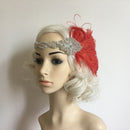Women Diamante Red Feather Flapper 1920s Head Band Great  Headpiece