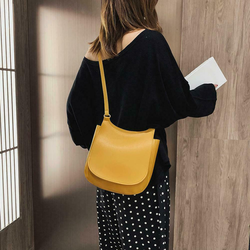 Pure Color Shoulder Handbags Leather Women Big Flap Crossbody Bags (Yellow) A