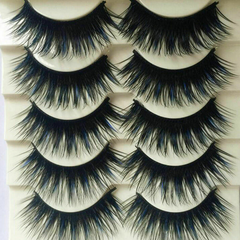 5 Pairs Blue+Black Handmade Long Thick Cross False Eyelashes Makeup Eye Lashes
