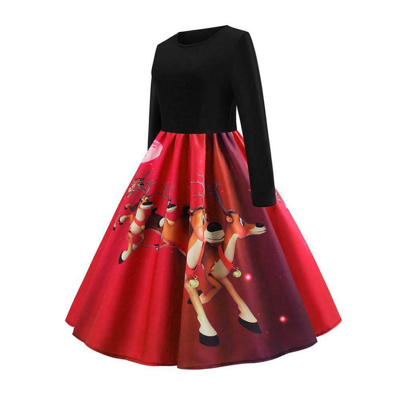 Retro Elk Print Long Sleeve Xmas Swing Dress Women Long Dresses (Red L) A