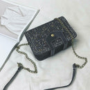Sequins Bags Leather Splicing Women Shoulder Crossbody Square Bag (Black) A