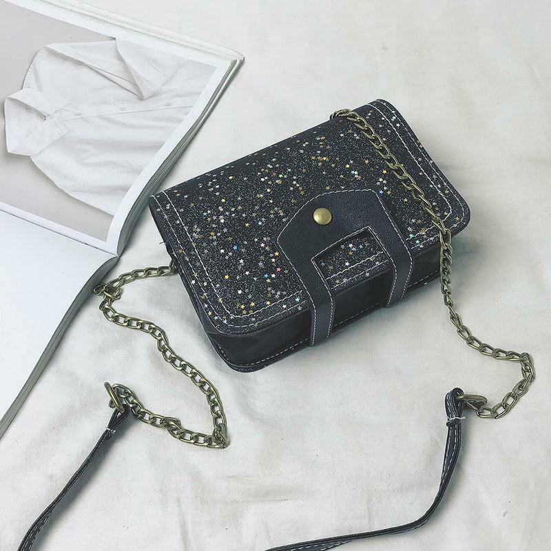 Sequins Bags Leather Splicing Women Shoulder Crossbody Square Bag (Black) A