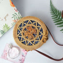 Women Handwoven Rattan Round Bag Shoulder Leather Straps For Outdoor Leisur